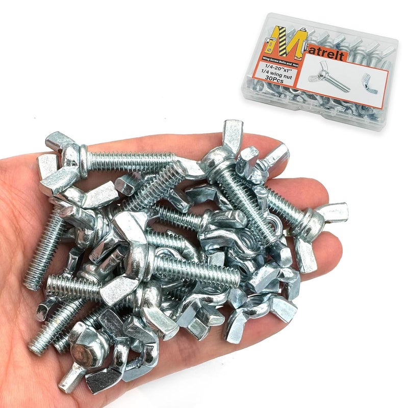 Matrelt 30 Pcs 1/4"-20 x1 Wing Screw Bolts and Wing Nut Kit Butterfly Screws and Nut with Hand Twist Tighten Wing Head Zinc Plated Hardware Fitting Fastenings Assortment Kit - Image 1